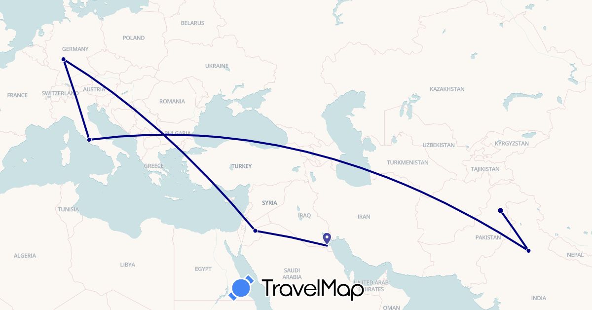 TravelMap itinerary: driving in Germany, India, Italy, Jordan, Kuwait, Pakistan (Asia, Europe)